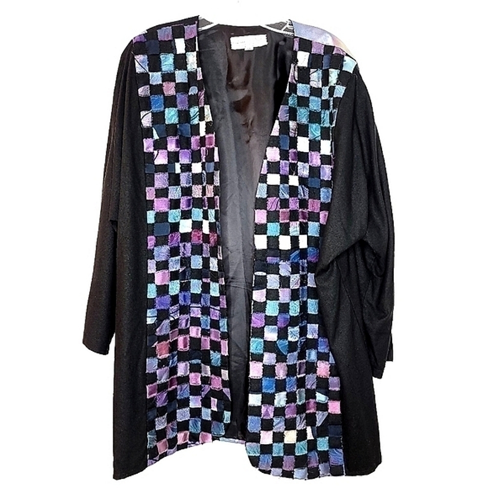 Vintage Salome Silk Checker Print Medium Hand Dyed Retro Artsy Colorful Jacket